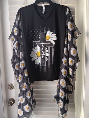Upcycled Black Daisy Faith Tshirt Poncho